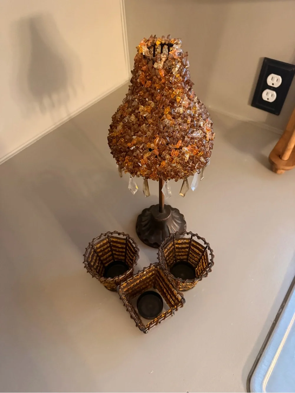 Vintage Handmade Amber Beaded Candle Holder with Crystal Drops